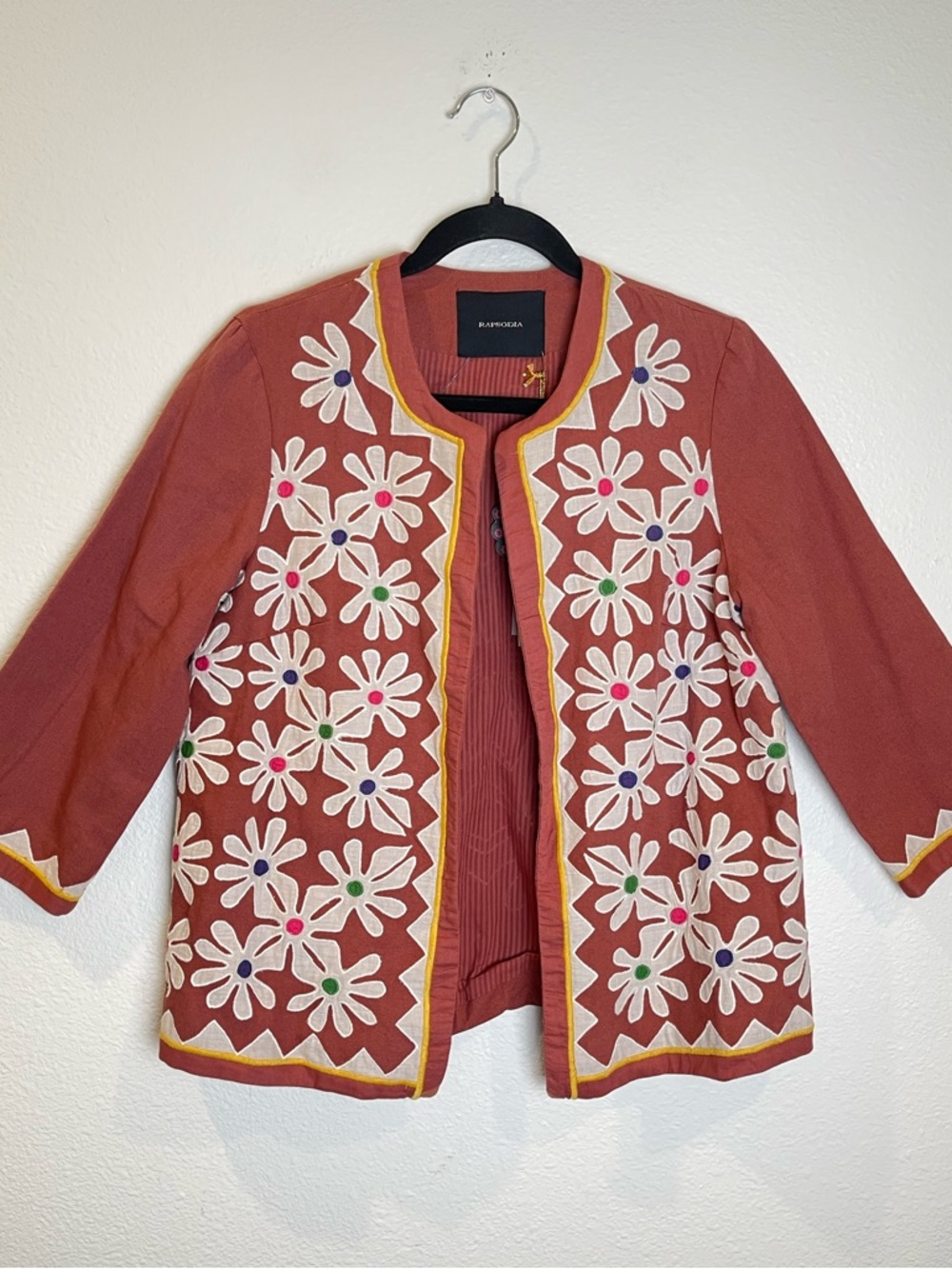 NWT Rapsodia Floral Embroidered Boho Open Jacket Sz Large Art To Wear Whimsical